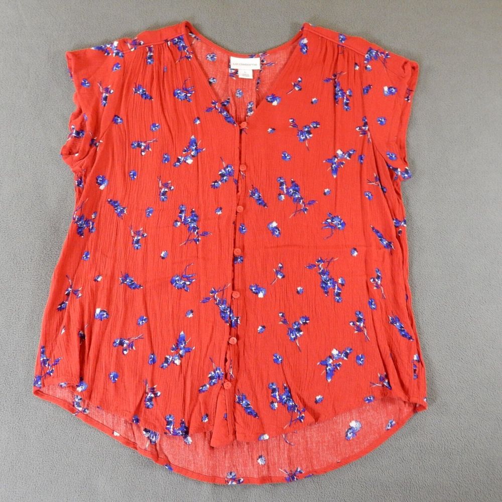 Liz Claiborne Womens Shirt Large Red Flower Floral Flowy Button Spring Top